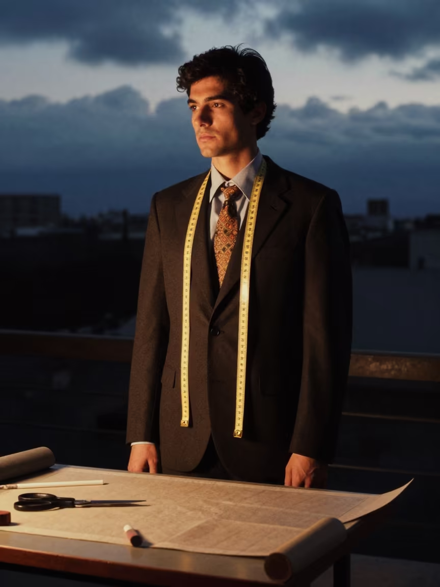 Tailor Fitting with Tape in Shadow in at a tailoring table strewn with chalk and shears near Santiago