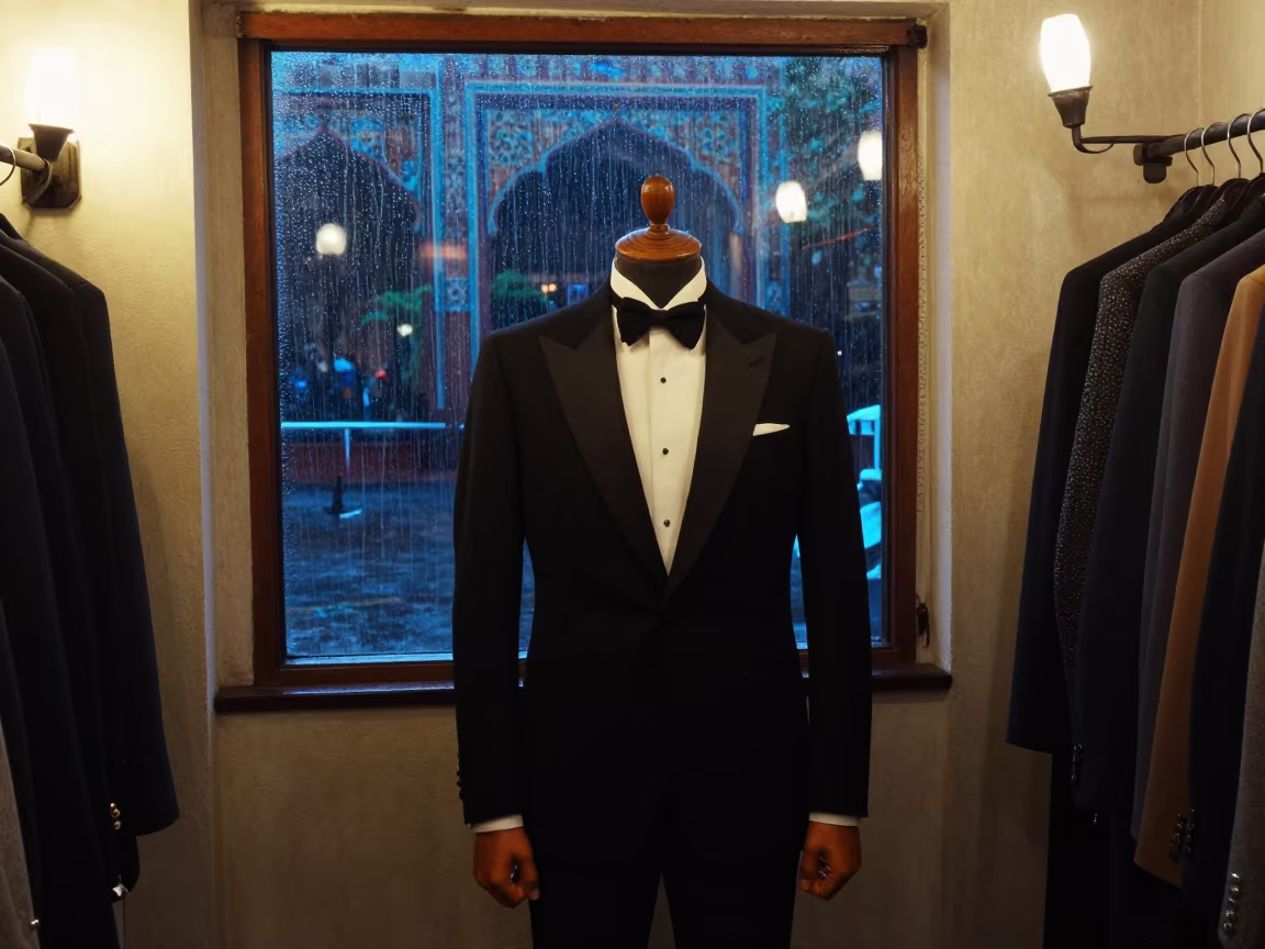 Tailor Fitting Shawl Collar Tuxedo Monsoon Delhi Night in in a backstage changing corridor near Jama Masjid, Delhi