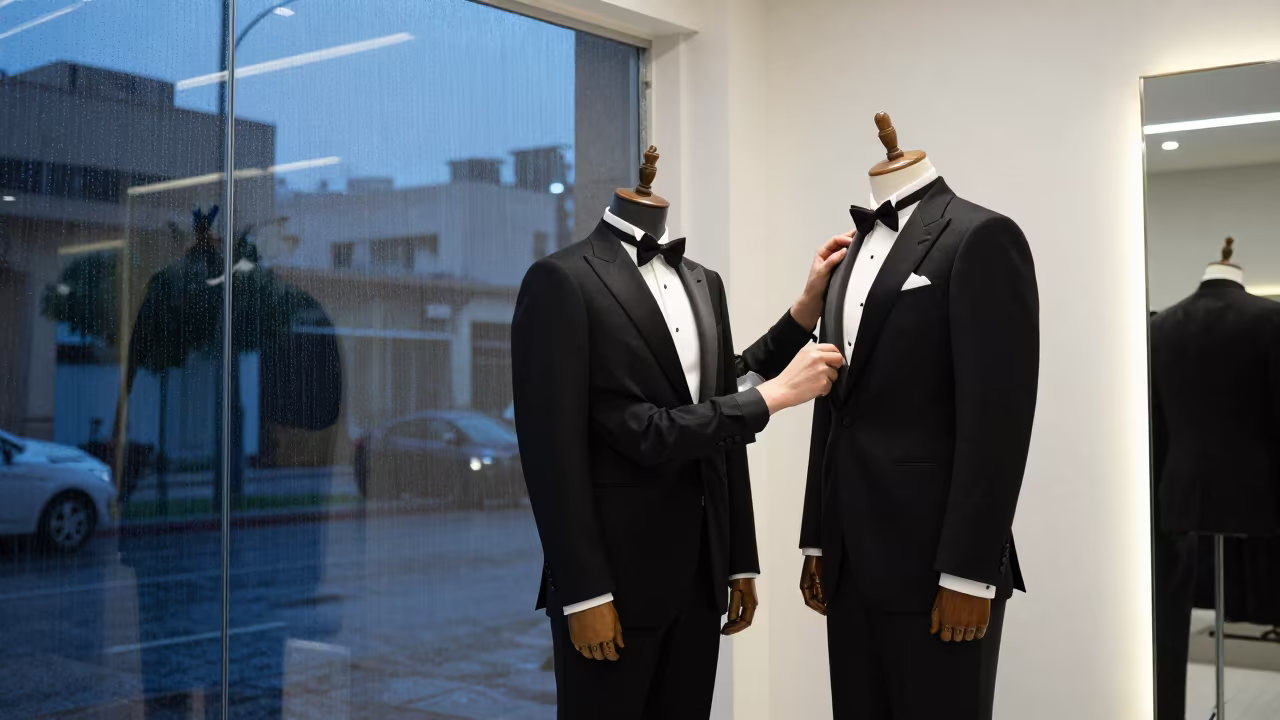 Tailor Fitting Shawl Collar Tuxedo in Sanaa Showroom in inside a minimalist showroom near Sanaa
