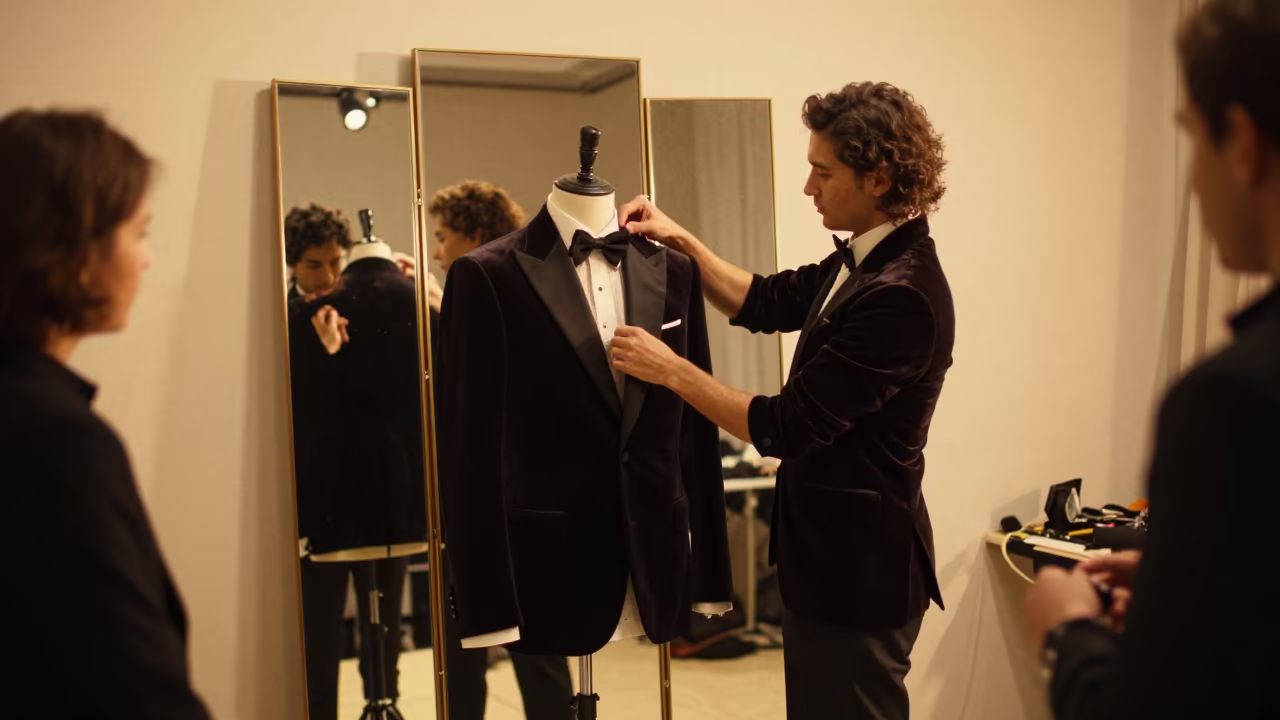 Tailor Fitting Velvet Jacket Under Runway Lights in under runway rehearsal lights in Cúa