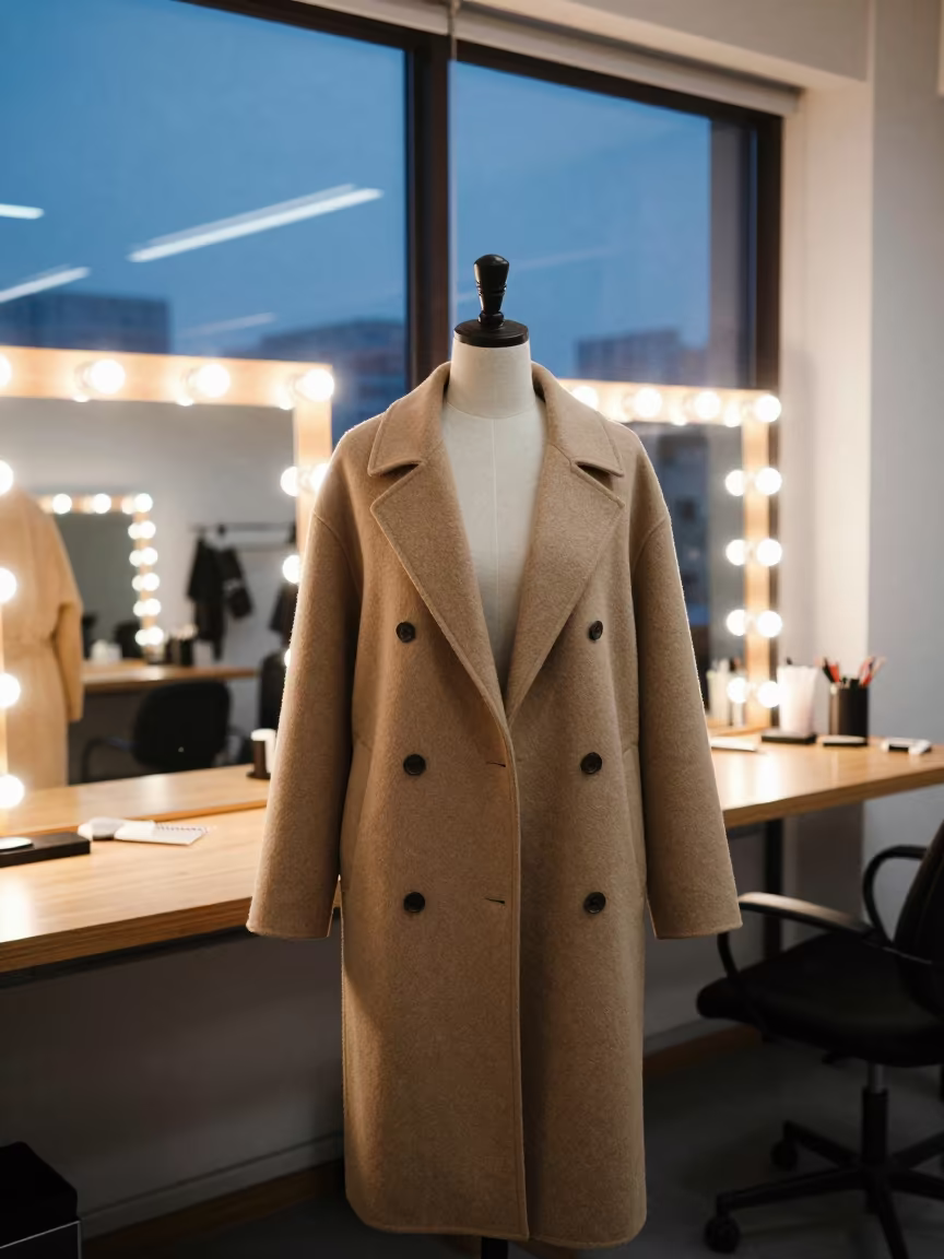 Tailor Fitting Wide Coat on Dress Form in beside a mirror lined with makeup bulbs in Seoul