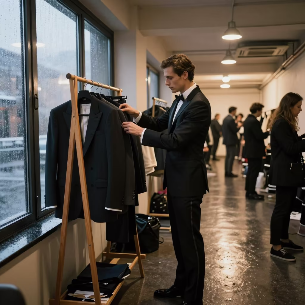 Tailor Fitting Winter Tuxedo Before Dawn in in a backstage changing corridor in Alexandria