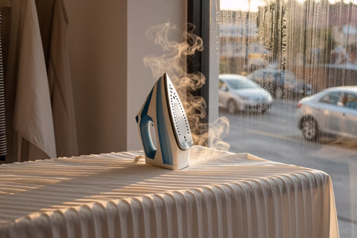 Tailor Iron Steaming Pleated Fabric Sunset in inside a minimalist showroom near Buffalo