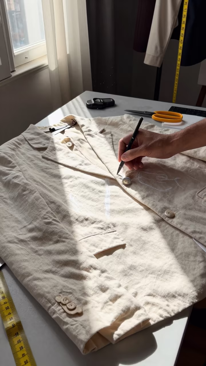 Tailor Marking Linen Jacket in Buenos Aires Light in at a tailoring table strewn with chalk and shears in Buenos Aires