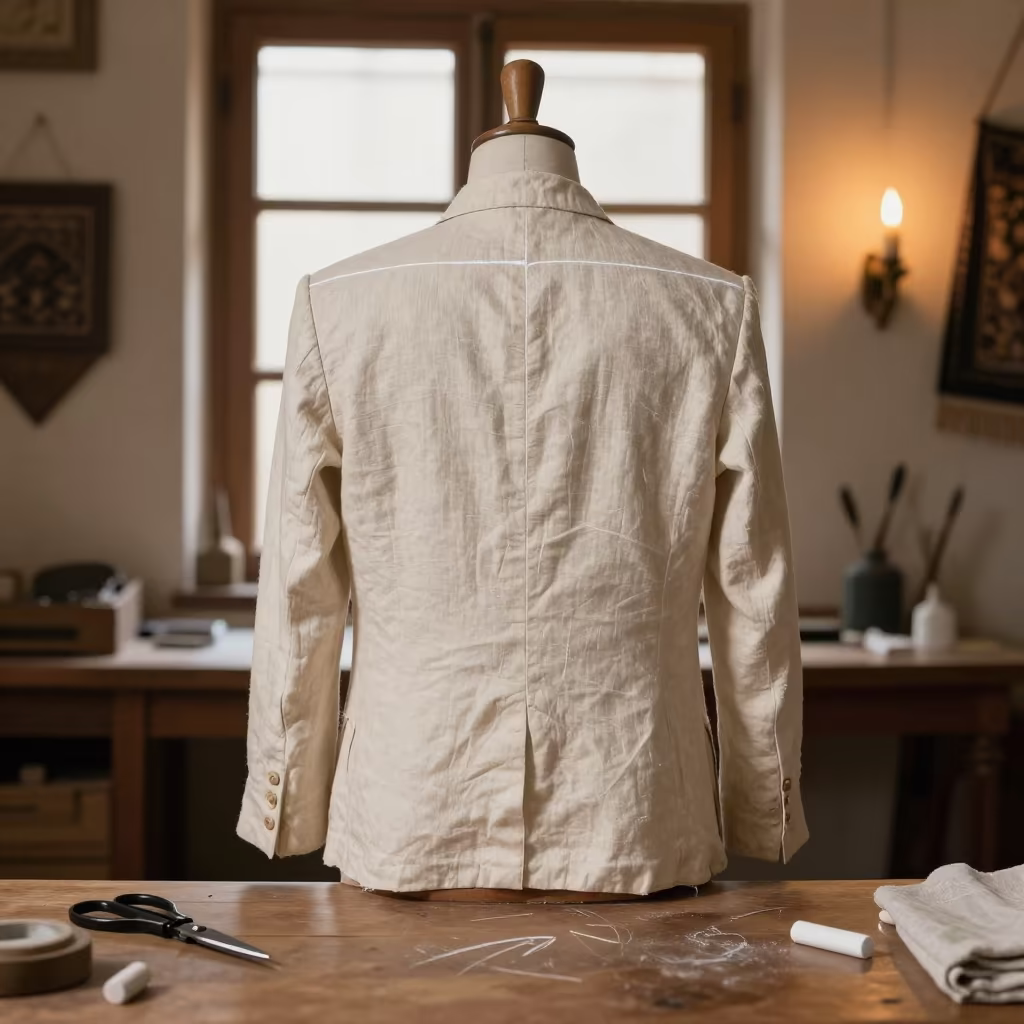 Tailor Marking Linen Jacket in Cairo Workshop in at a tailoring table strewn with chalk and shears near Khan el-Khalili, Cairo