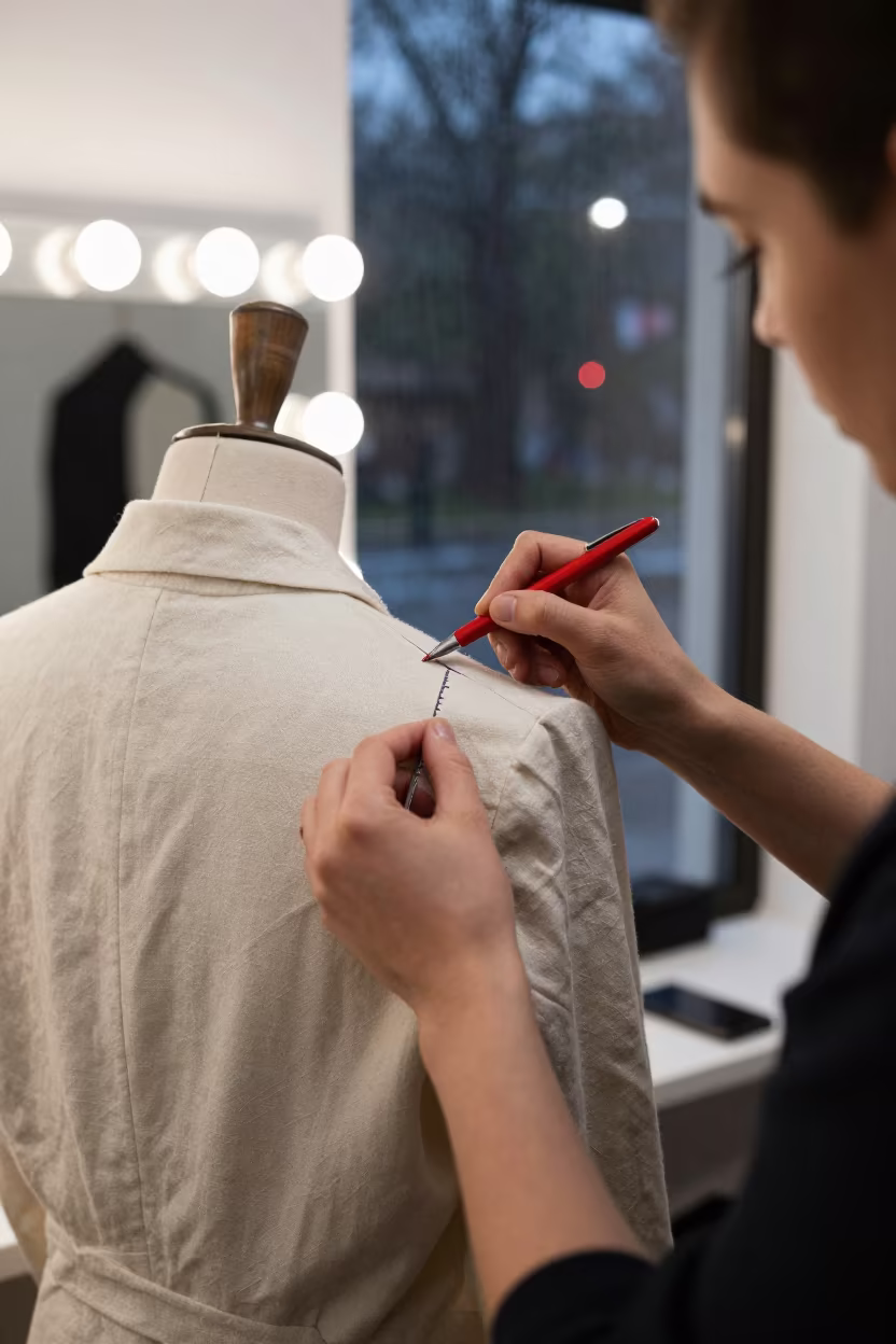 Tailor Marks Linen Jacket in Neon Light in beside a mirror lined with makeup bulbs in Vitarte