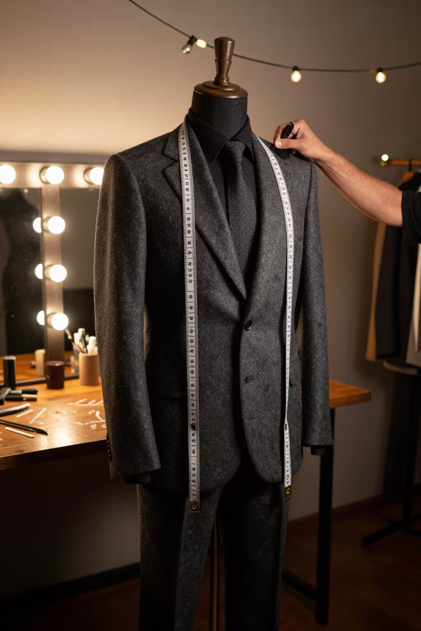 Tailor Measures Charcoal Suit Night Atelier in beside a mirror lined with makeup bulbs near Nacala