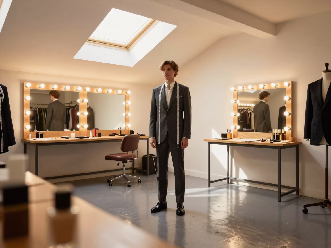 Tailor Measures Charcoal Suit in Venice Beach Atelier in beside a mirror lined with makeup bulbs in Venice Beach, Los Angeles
