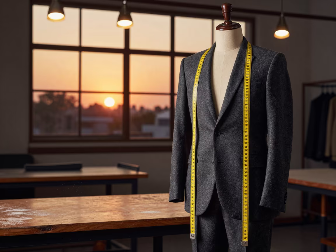 Tailor Measuring Charcoal Suit in Amber Light in under runway rehearsal lights in Ulhasnagar