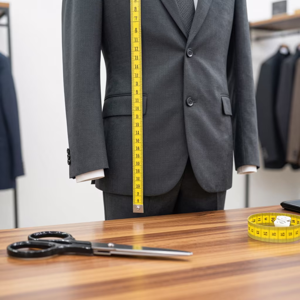 Tailor Measuring Charcoal Suit in Eluru Atelier in under runway rehearsal lights in Eluru