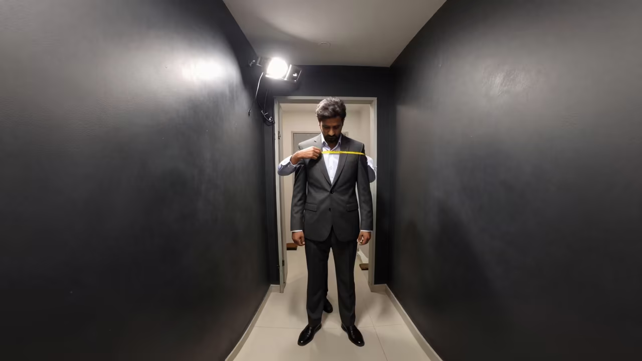 Tailor Measuring Charcoal Suit in Karachi Atelier in in a backstage changing corridor near Karachi