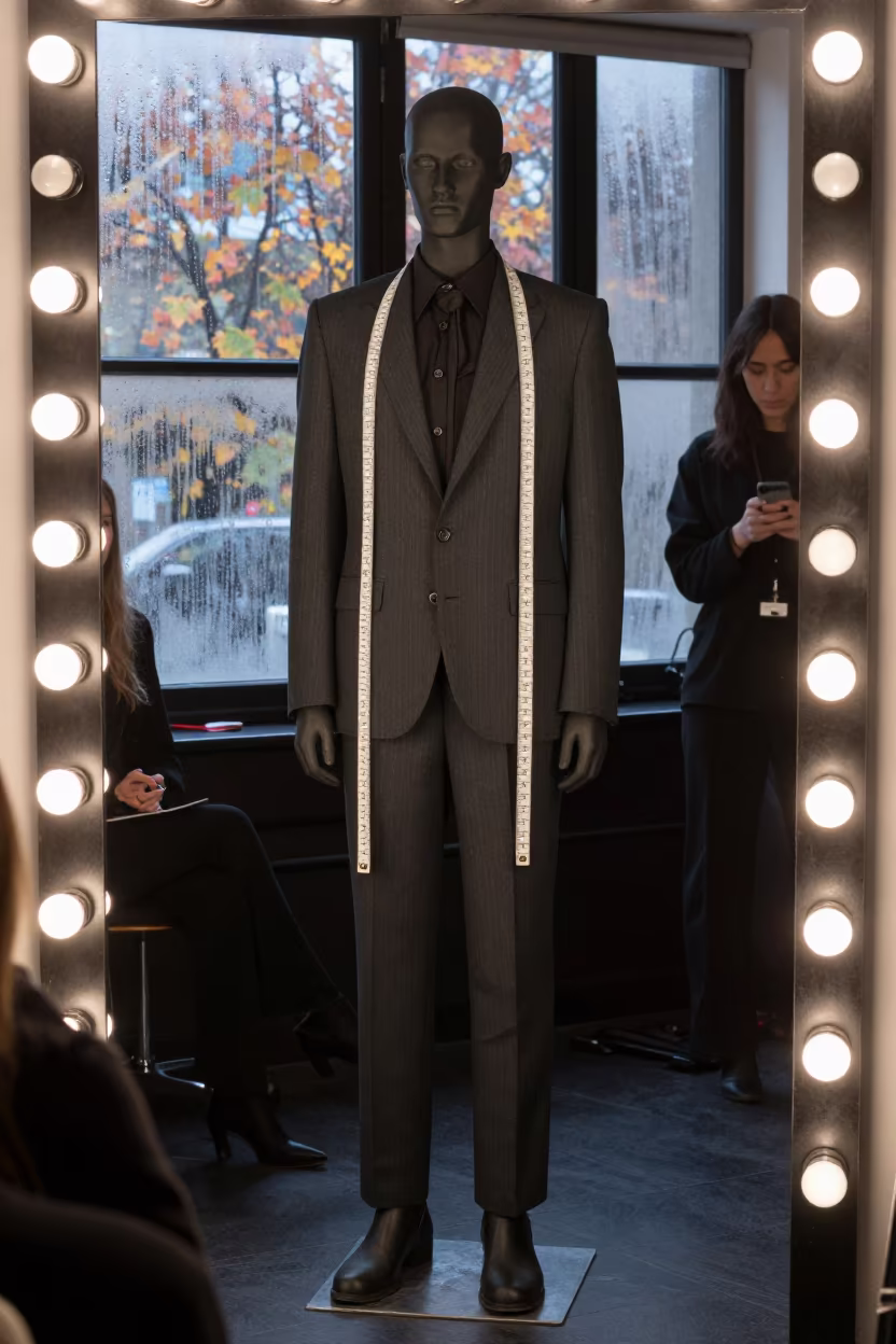 Tailor Measuring Charcoal Suit in Midnight Atelier in beside a mirror lined with makeup bulbs in San Marino