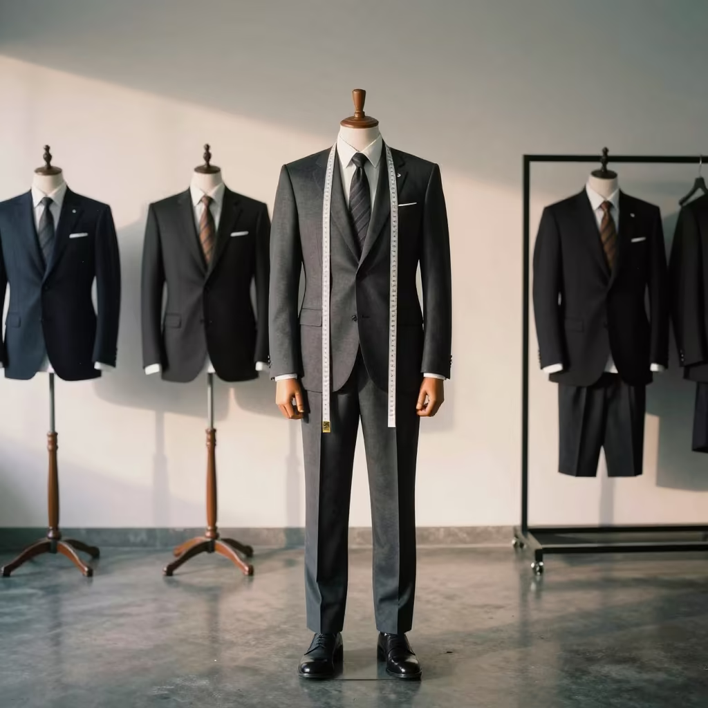 Tailor Measuring Charcoal Suit in Semarang Atelier in inside a minimalist showroom in Semarang
