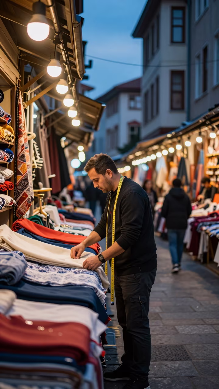 Tailor Measuring Fabric in Istanbul Corridor in in a backstage changing corridor in Cihangir, Istanbul