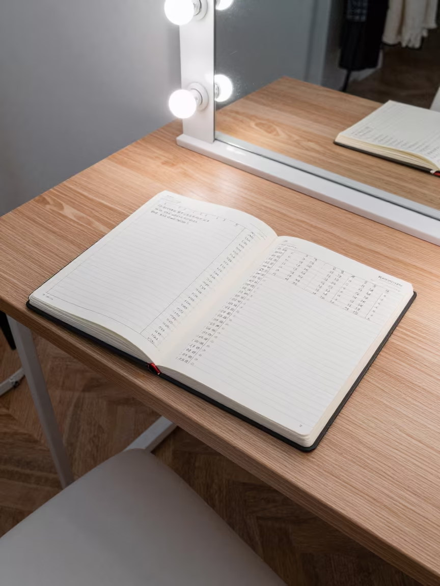 Tailor Notebook Beside Makeup Mirror at Dawn in beside a mirror lined with makeup bulbs in Tianjin