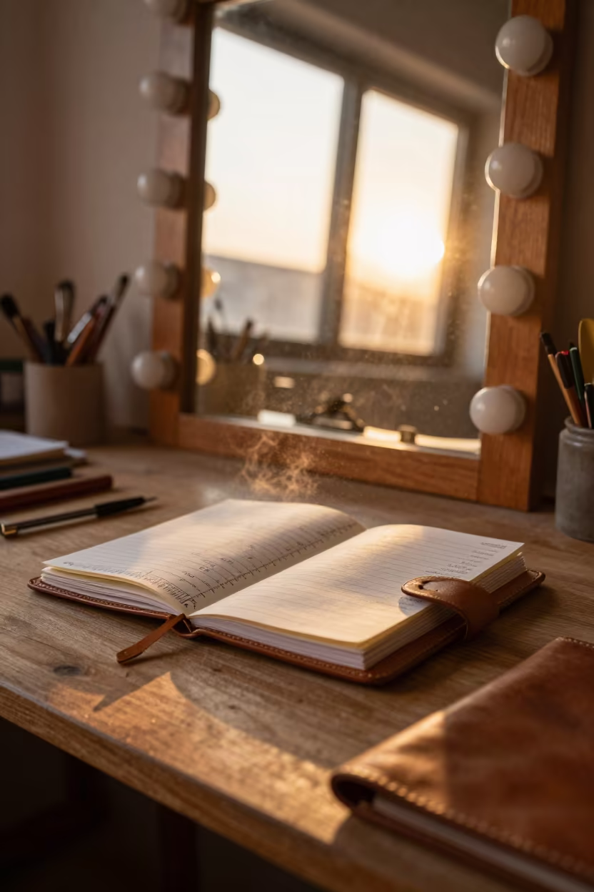 Tailor Notebook with Makeup Mirror Light in beside a mirror lined with makeup bulbs in Bikaner