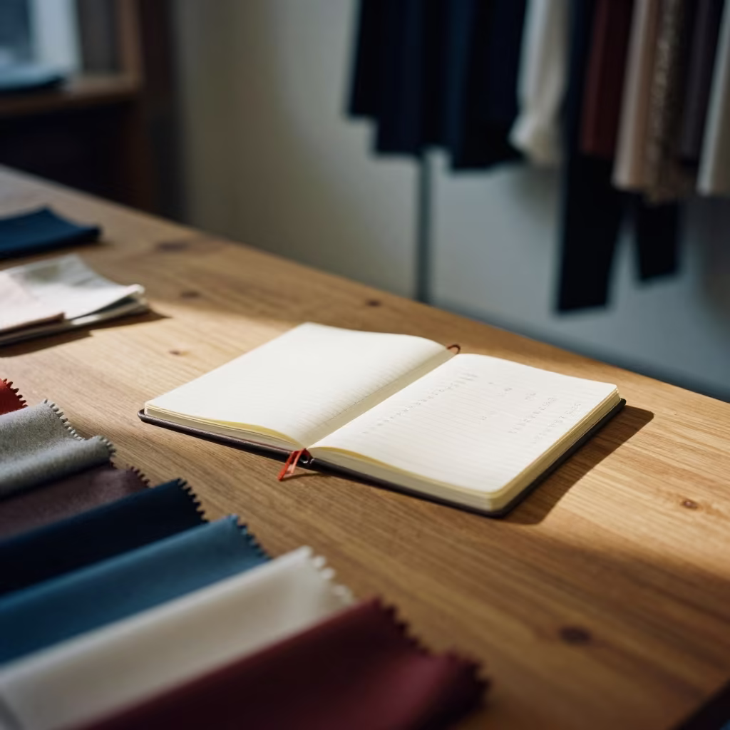 Tailor Notebook Measurements Dawn Light Cua in inside a minimalist showroom near Cúa