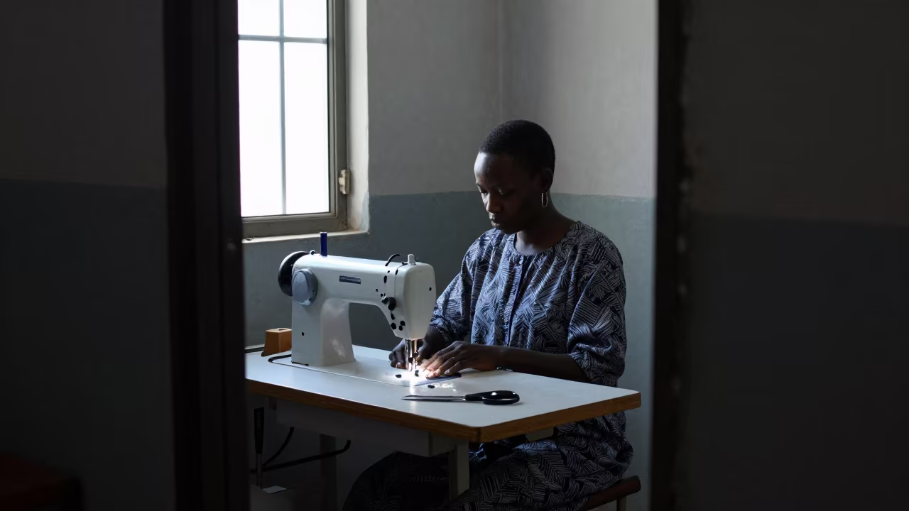 Tailor at Sewing Machine in Niamey Doorway in at a tailoring table strewn with chalk and shears in Niamey