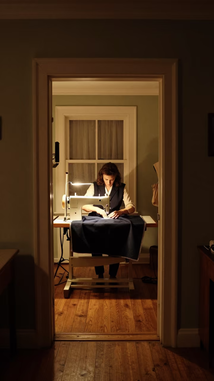 Tailor Sewing at Night in Westminster Atelier in inside a couture atelier near City of Westminster