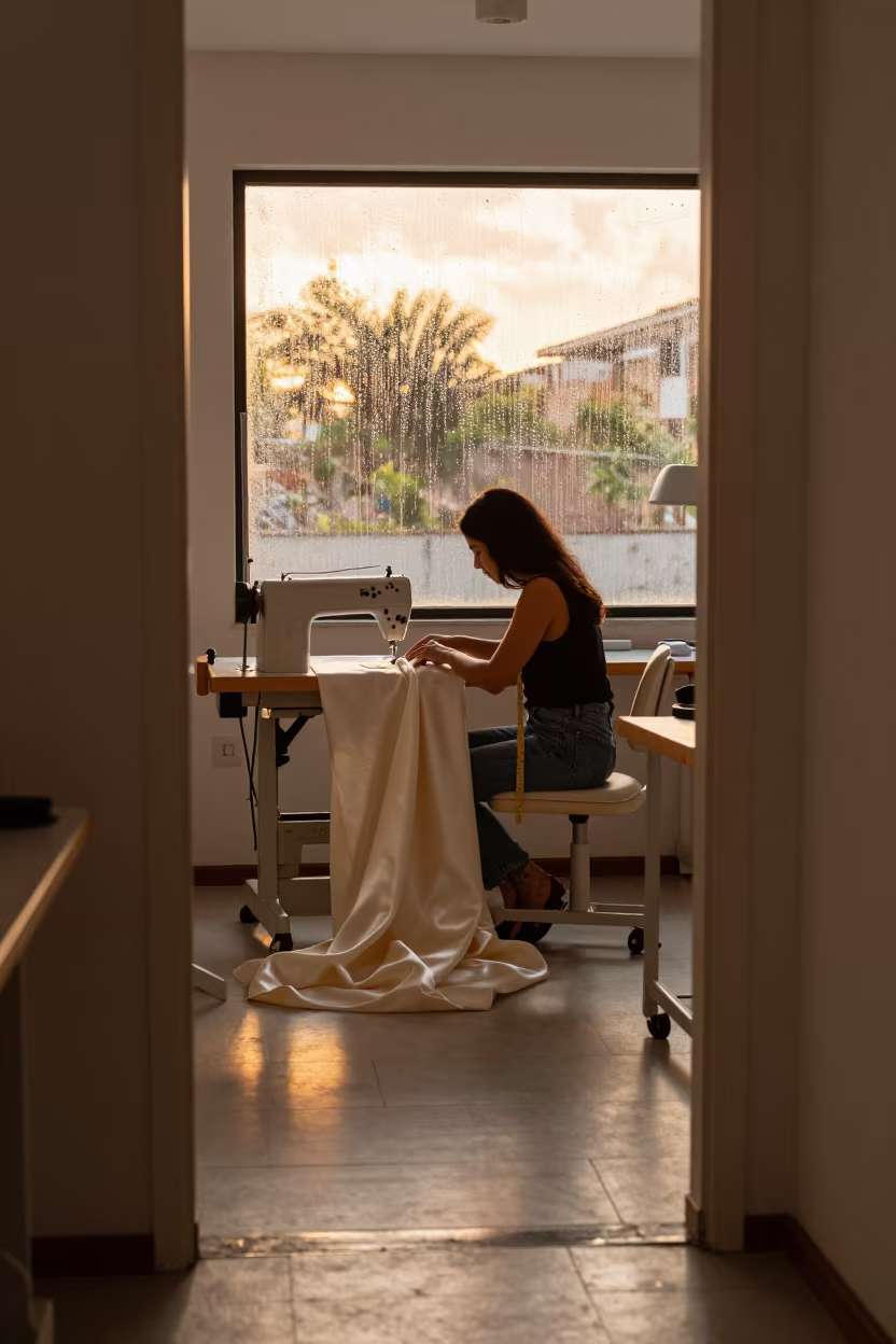 Tailor Sewing at Sunset in Medellin Atelier in inside a couture atelier in Medellin