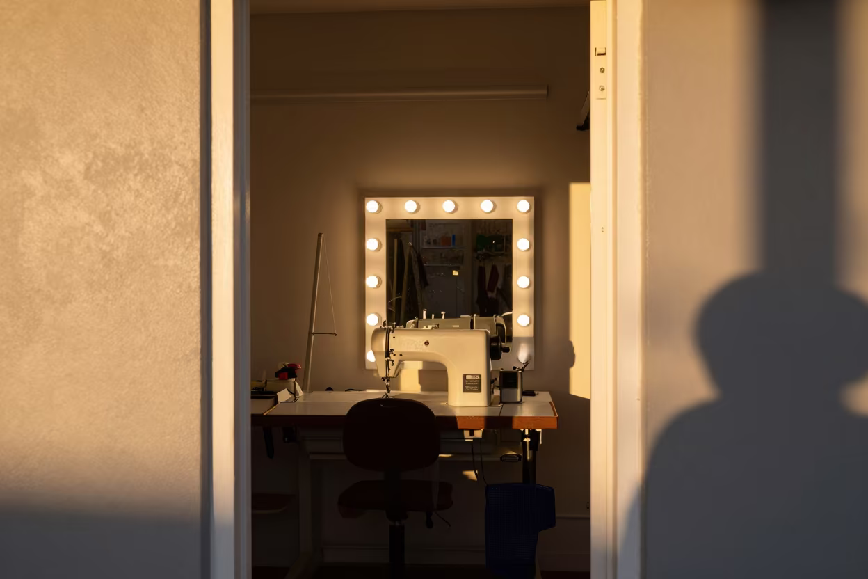 Tailor Sewing at Sunset in St Kilda Studio in beside a mirror lined with makeup bulbs in St. Kilda, Melbourne