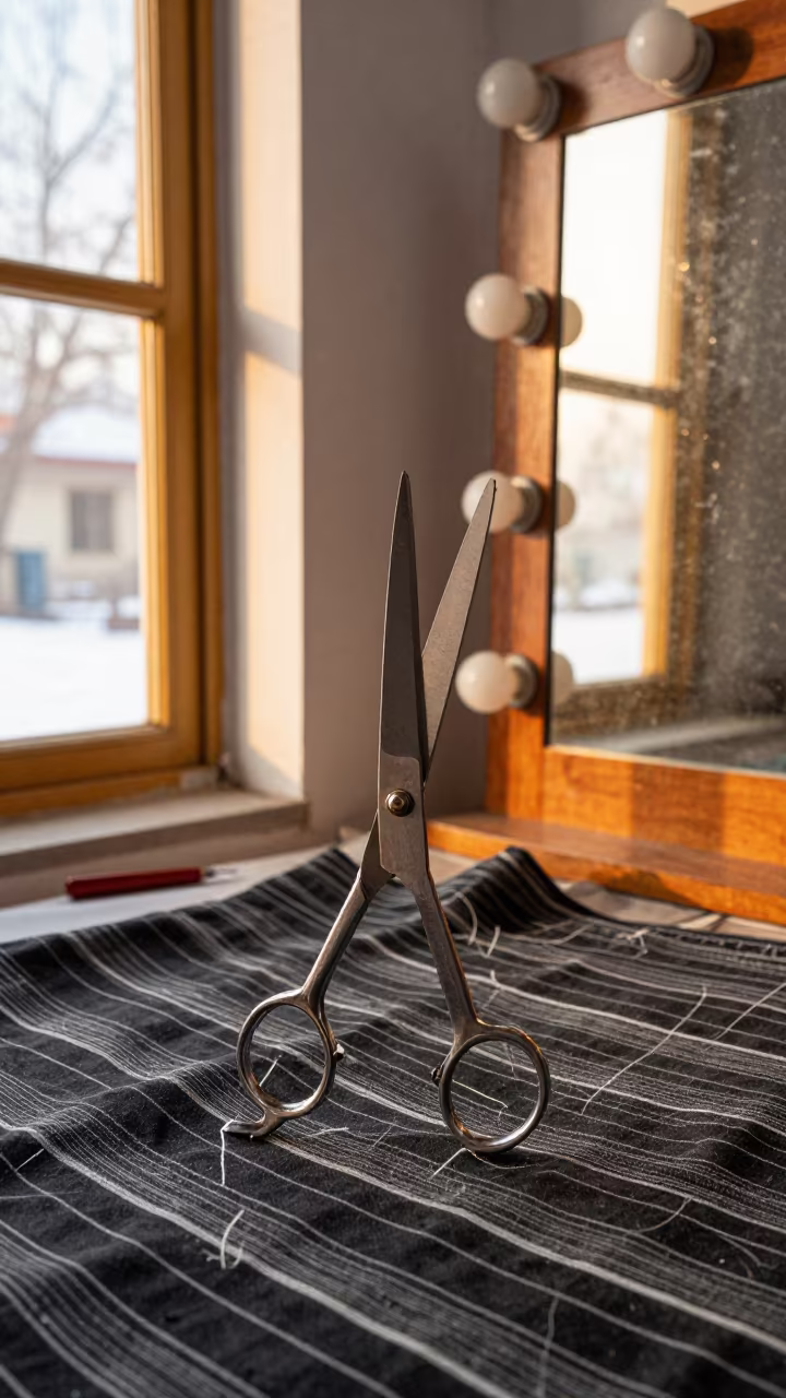 Tailor Shears on Chalk Stripe Suiting in beside a mirror lined with makeup bulbs in Srinagar