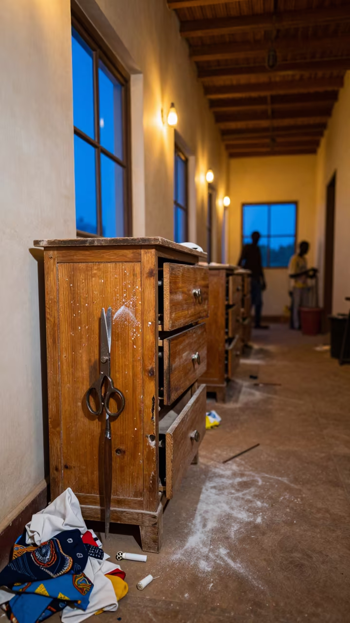 Tailor Shears on Oak Cabinet in Ouagadougou Corridor in in a backstage changing corridor in Ouagadougou