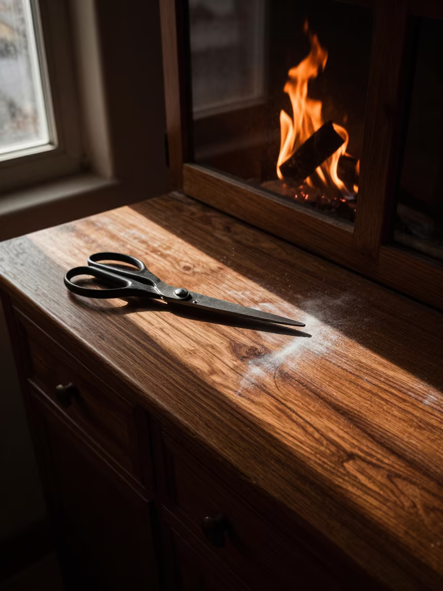 Tailor Shears on Oak Cabinet in Peshawar Atelier in inside a couture atelier in Peshawar