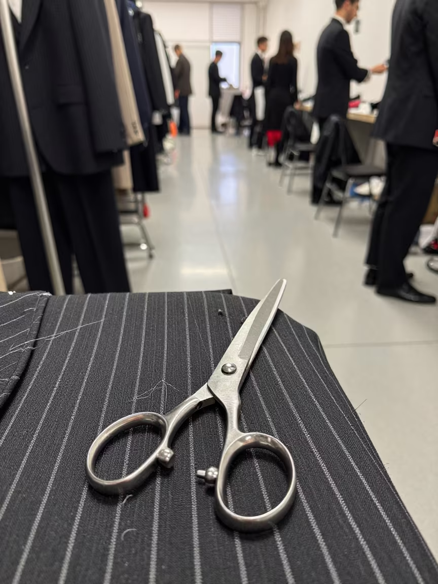 Tailor Shears on Striped Suiting Thread in in a backstage changing corridor near Azaz