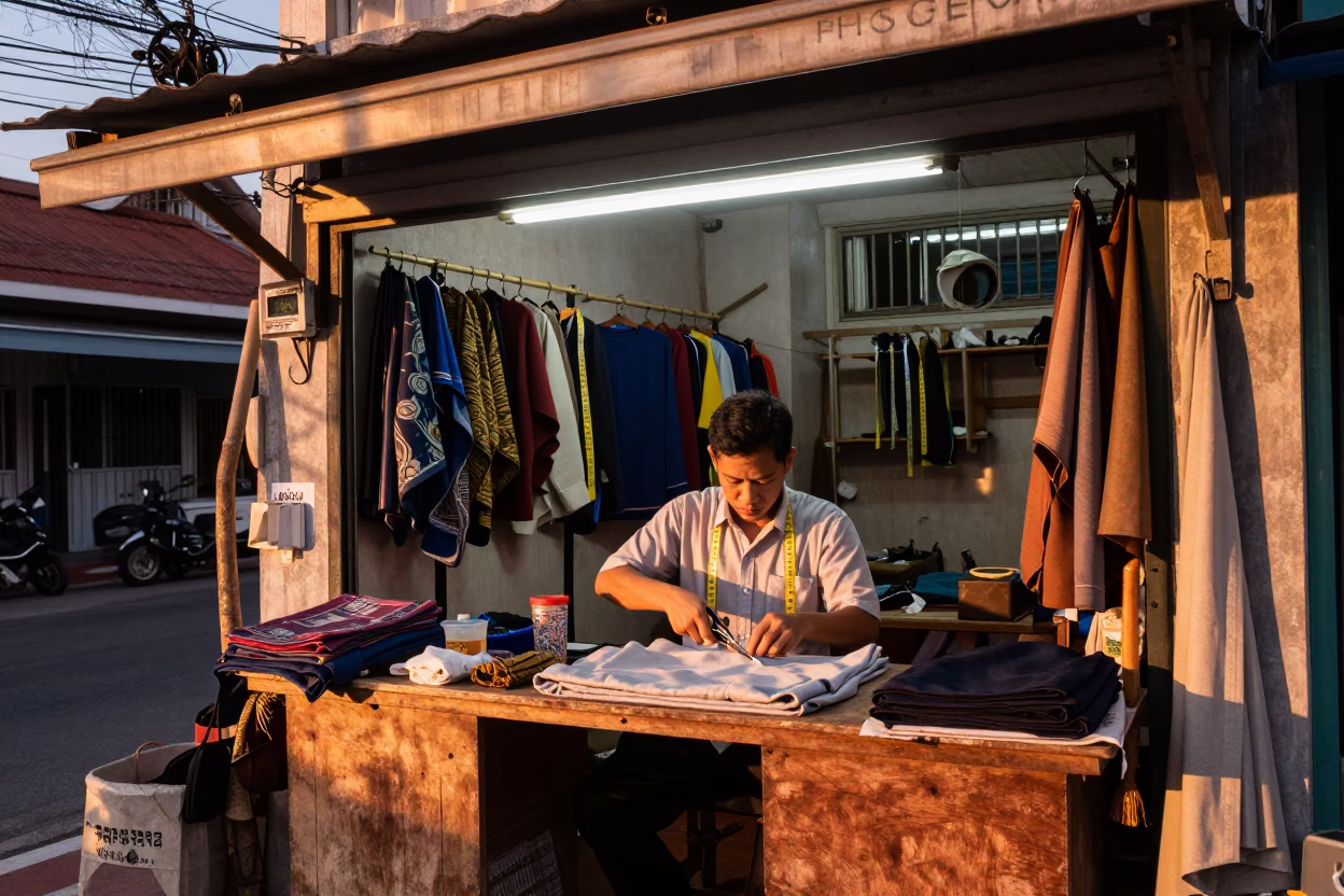 Tailor Shop in Phuket at Copper-toned Light Before Dusk in in Phuket, Thailand