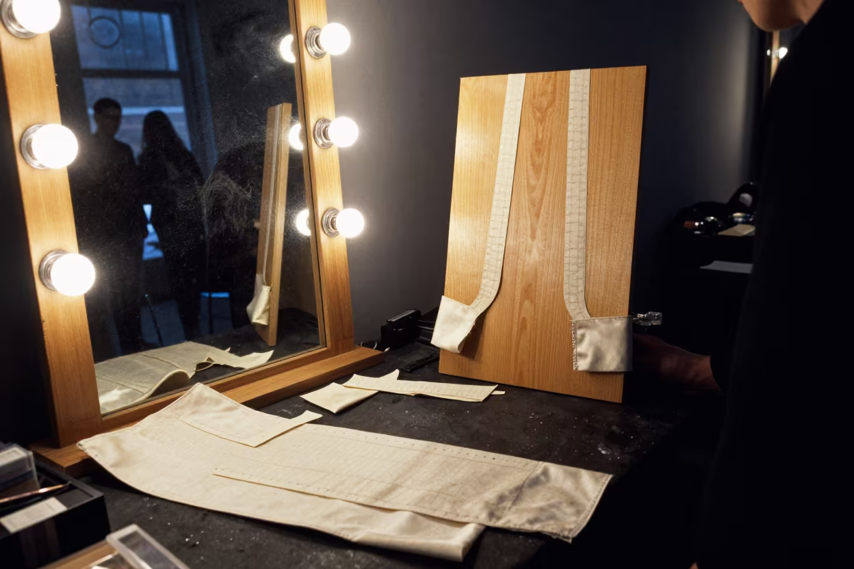 Tailor Sleeve Board with Pressed Cuffs in St Louis in beside a mirror lined with makeup bulbs in St Louis