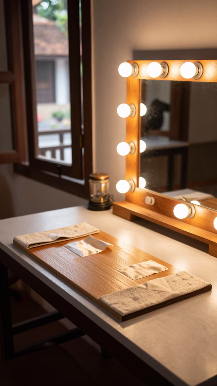Tailor Sleeve Board and Silk Cuffs in Luang Prabang Light in beside a mirror lined with makeup bulbs in Luang Prabang