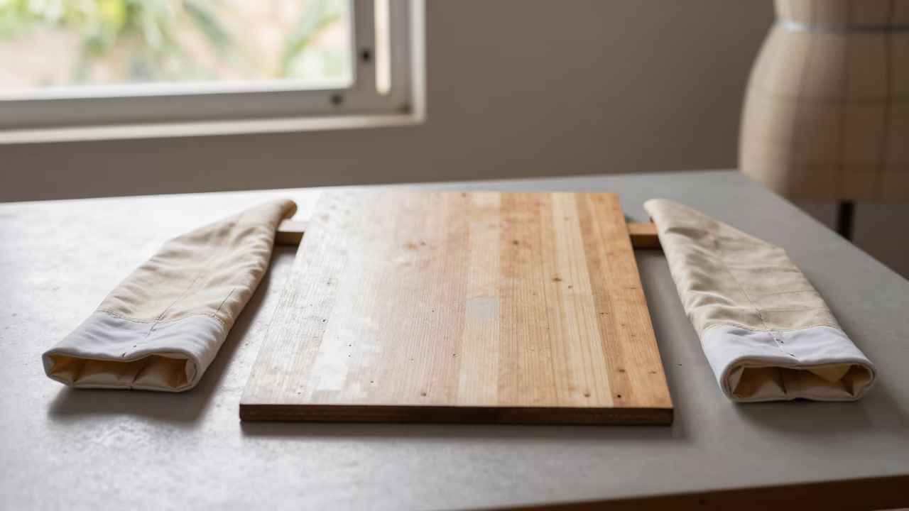 Tailor Sleeve Board and Silk Lining in Atelier in inside a couture atelier near Conakry