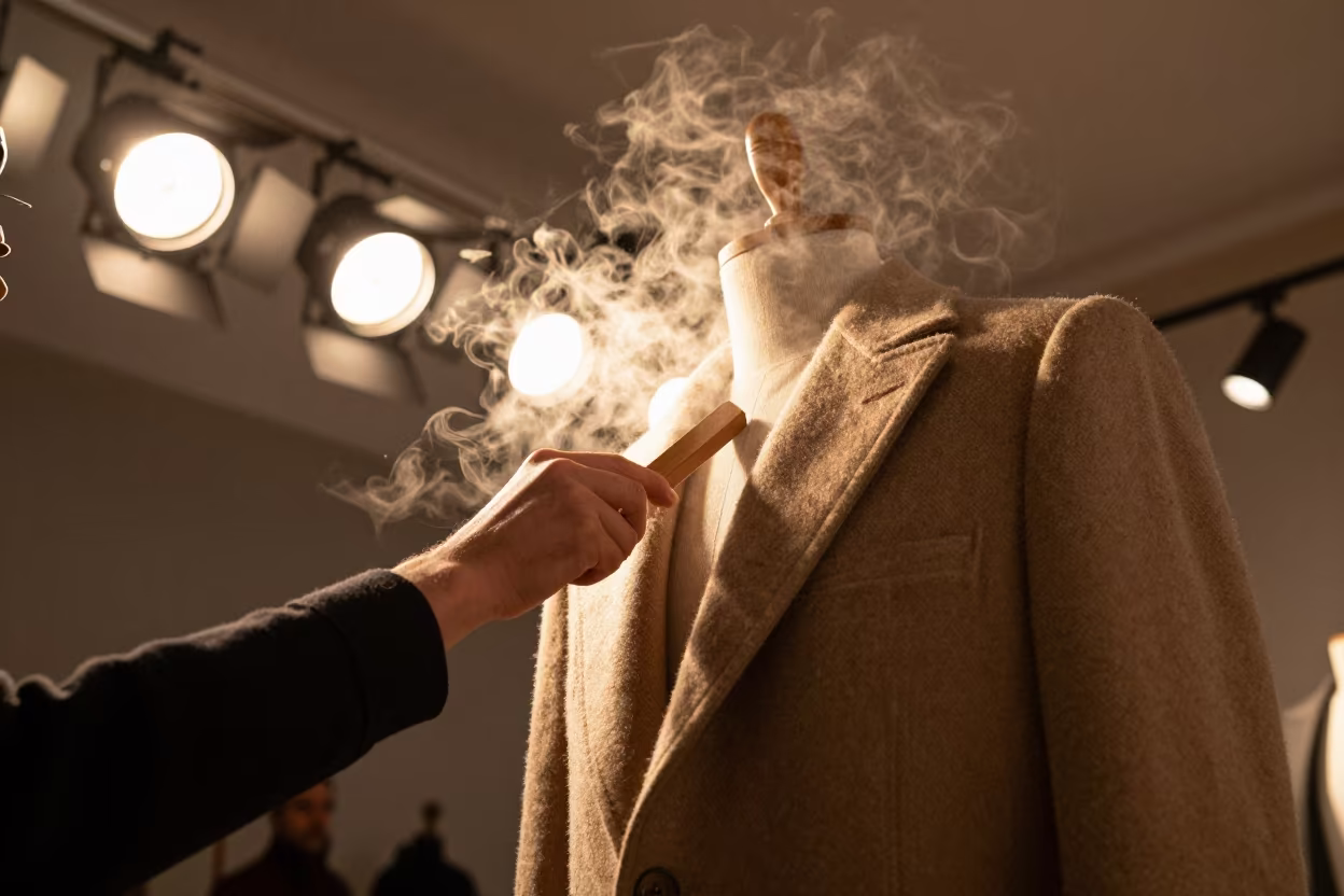 Tailor Steaming Coat Collar Under Runway Lights in under runway rehearsal lights near Ahvaz