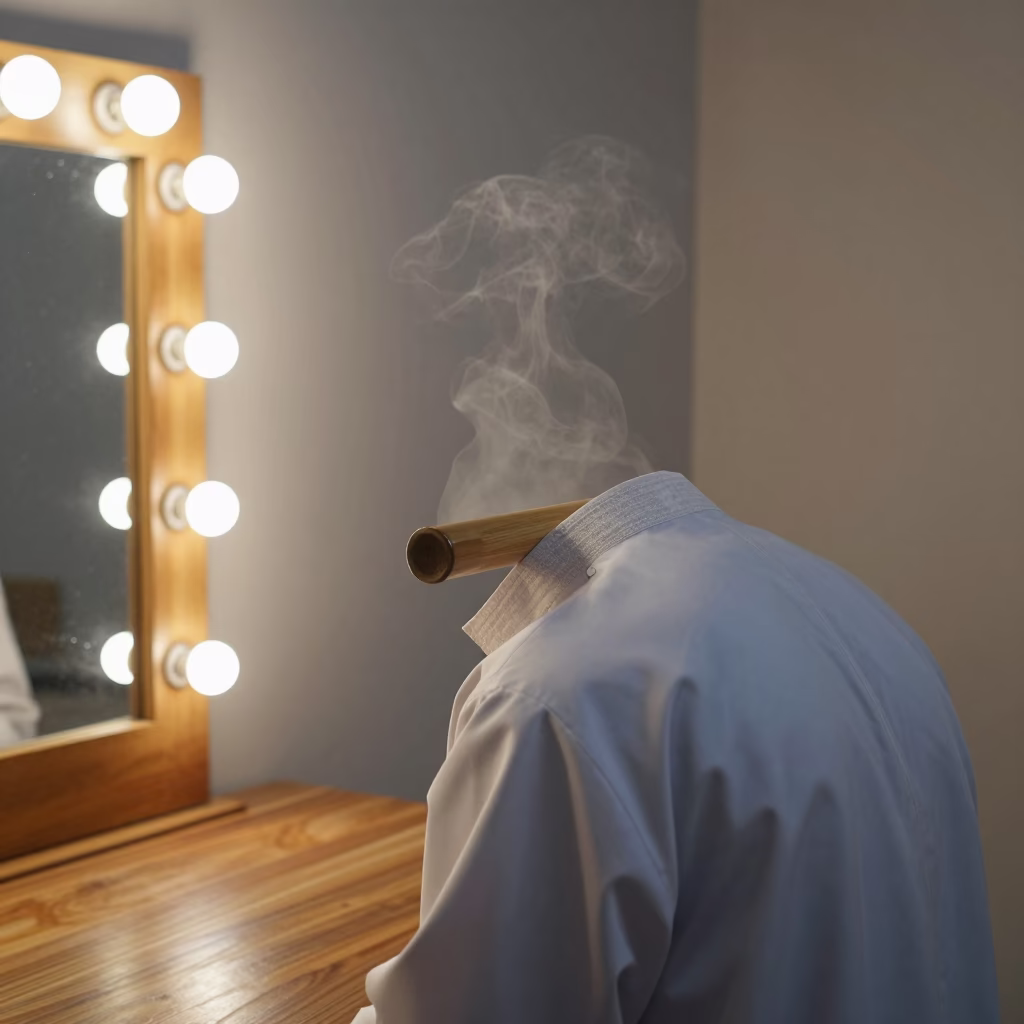 Tailor Steaming Coat Collar in Sanaa Dawn in beside a mirror lined with makeup bulbs in Sanaa