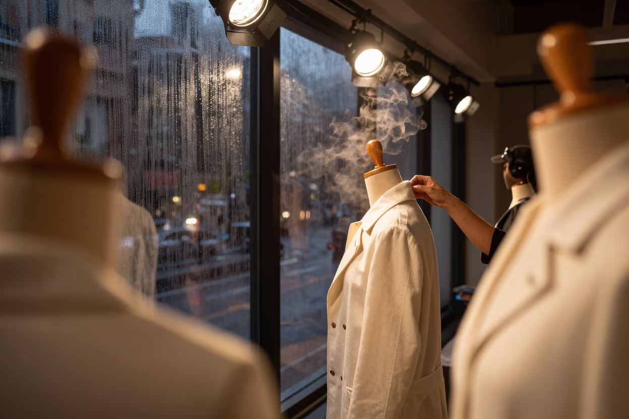 Tailor Steaming Coat Collar in Uyo Runway in under runway rehearsal lights in Uyo