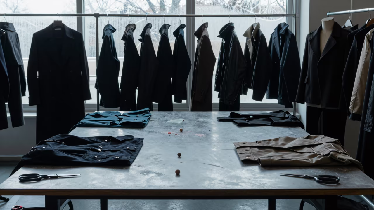 Tailor Table Outerwear Studio Soma Winter Light in at a tailoring table strewn with chalk and shears in Soma