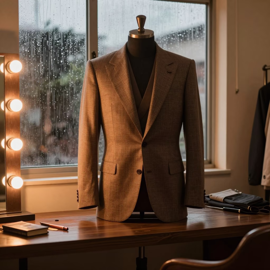 Tailor Table Outerwear Yaba Lagos Monsoon Light in beside a mirror lined with makeup bulbs in Yaba, Lagos