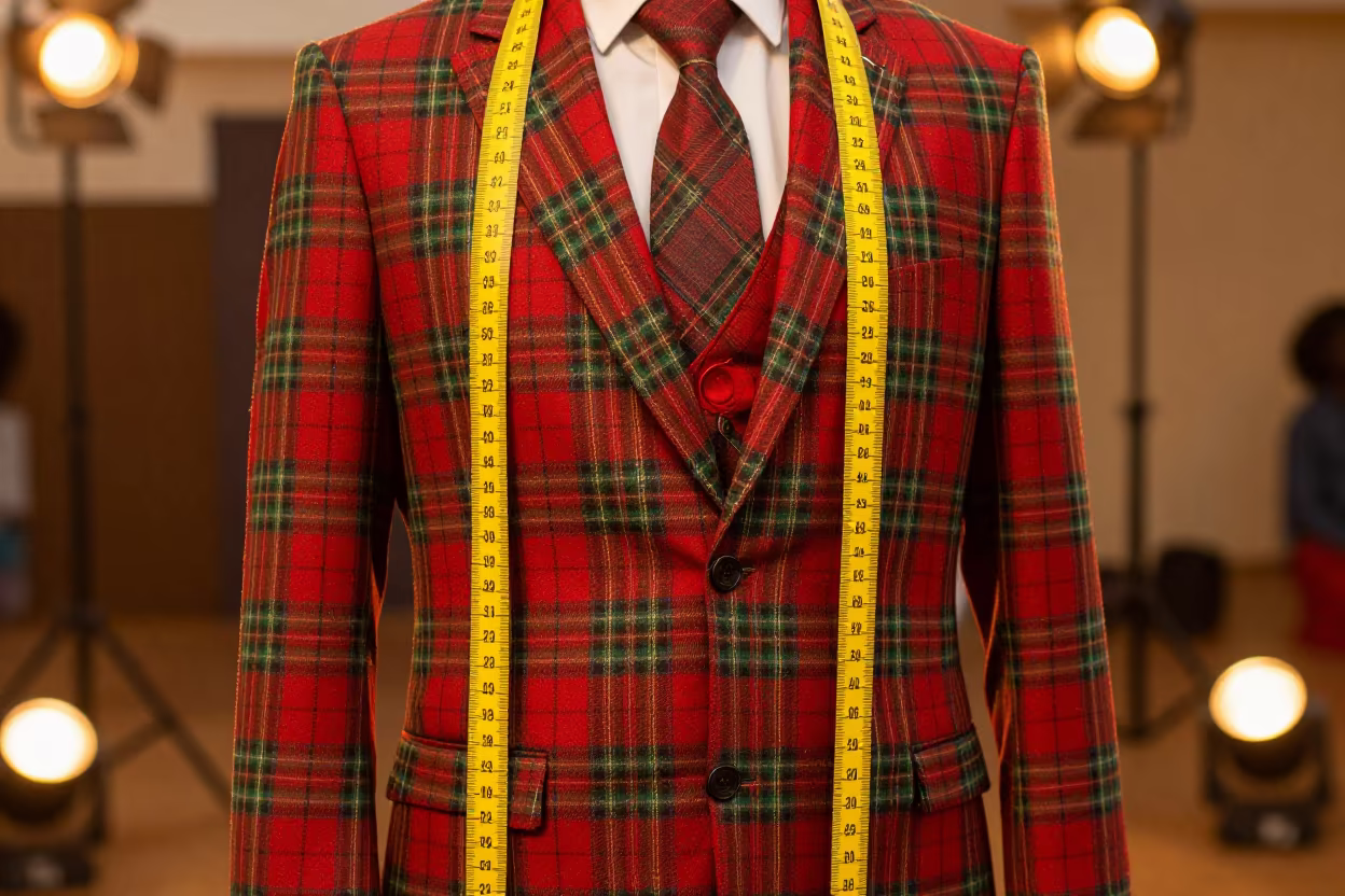 Tailor Tape on Plaid Suit Banfora Runway in under runway rehearsal lights in Banfora