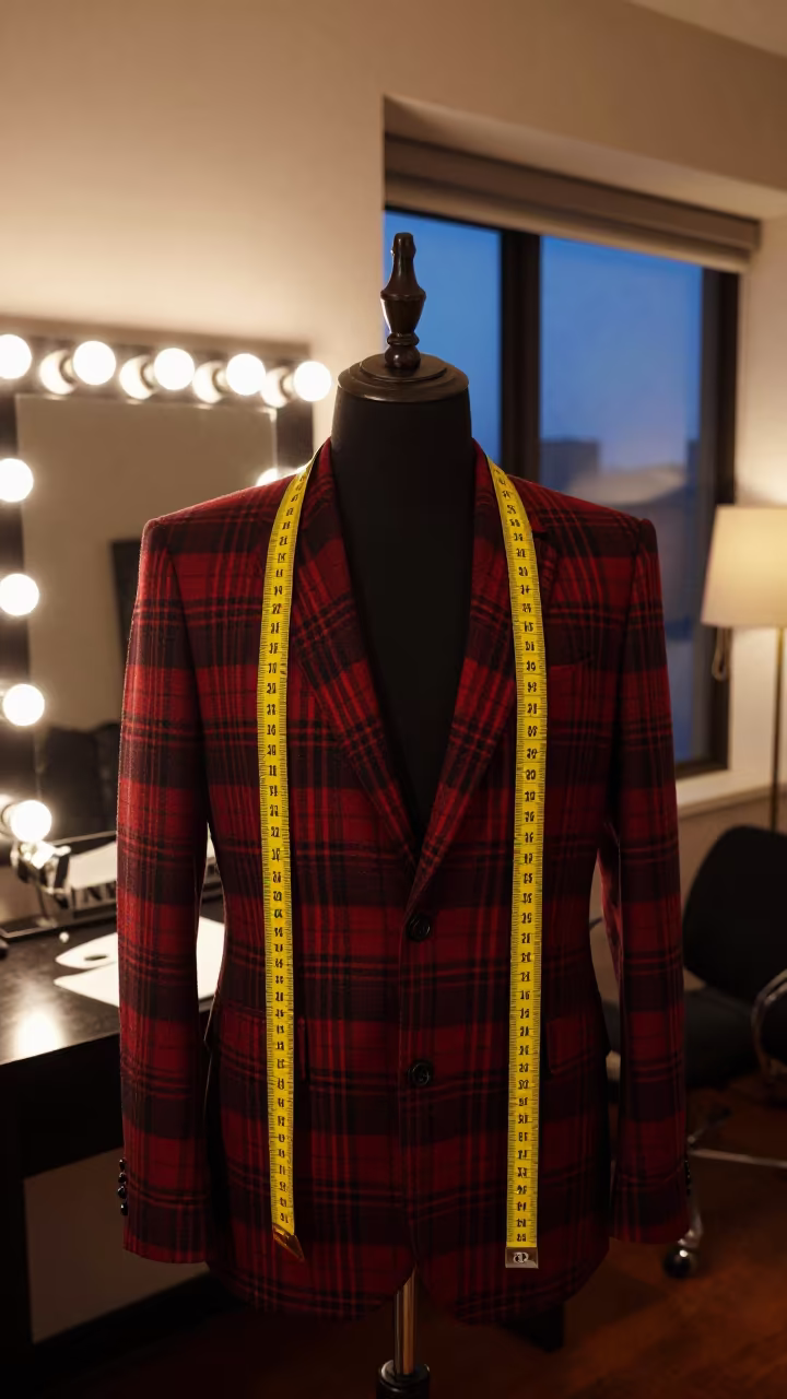 Tailor Tape Snaking Plaid Suit Las Vegas in beside a mirror lined with makeup bulbs in Las Vegas