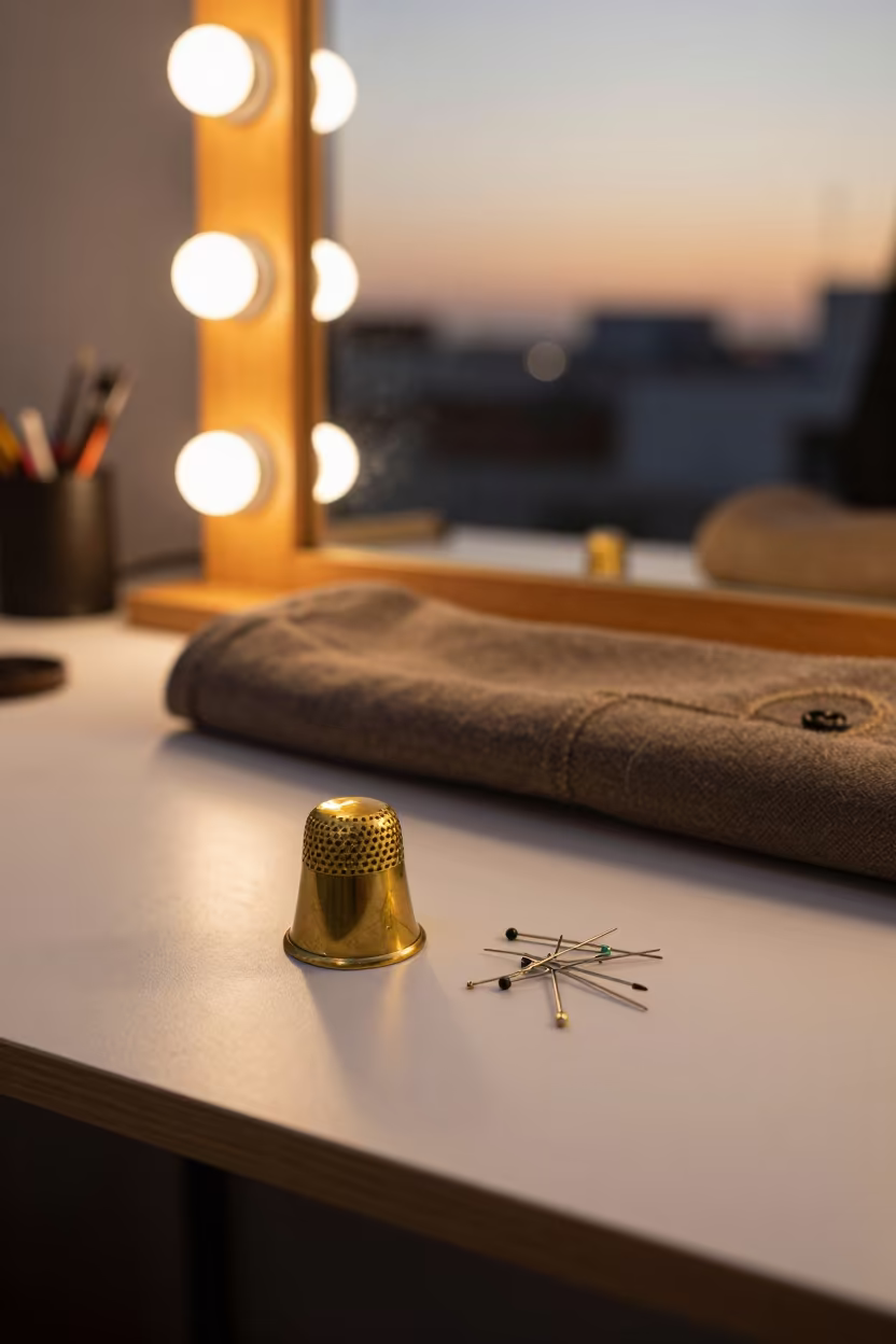 Tailor Thimble Pins Coat Sleeve Delhi Mirror in beside a mirror lined with makeup bulbs near Delhi