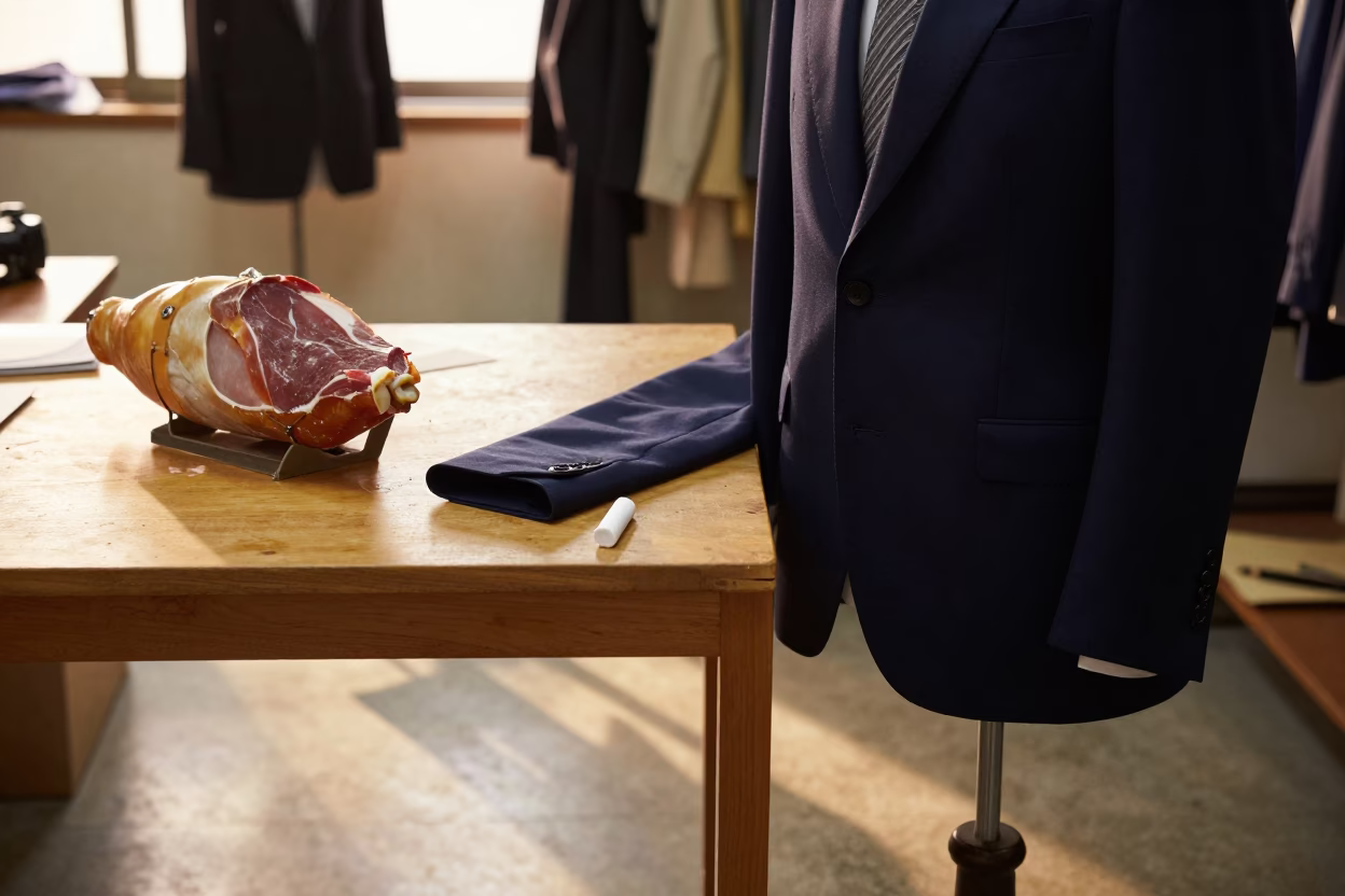 Tailor Tools and Blazer in Tennoji Atelier in inside a couture atelier in Tennoji, Osaka