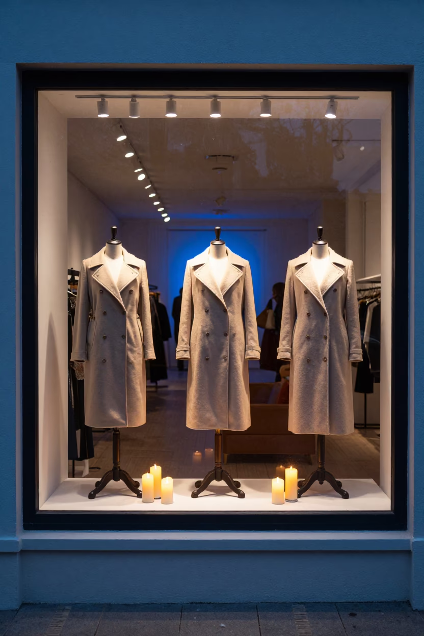 Tailor Window Coats at Twilight St Johns in under runway rehearsal lights in St Johns