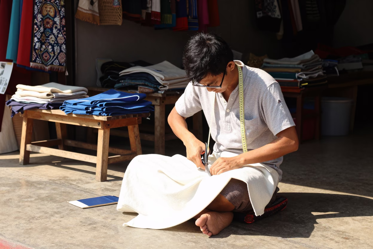 Tailor Working in Chiang Mai at Bright Midmorning Light in in Chiang Mai, Thailand
