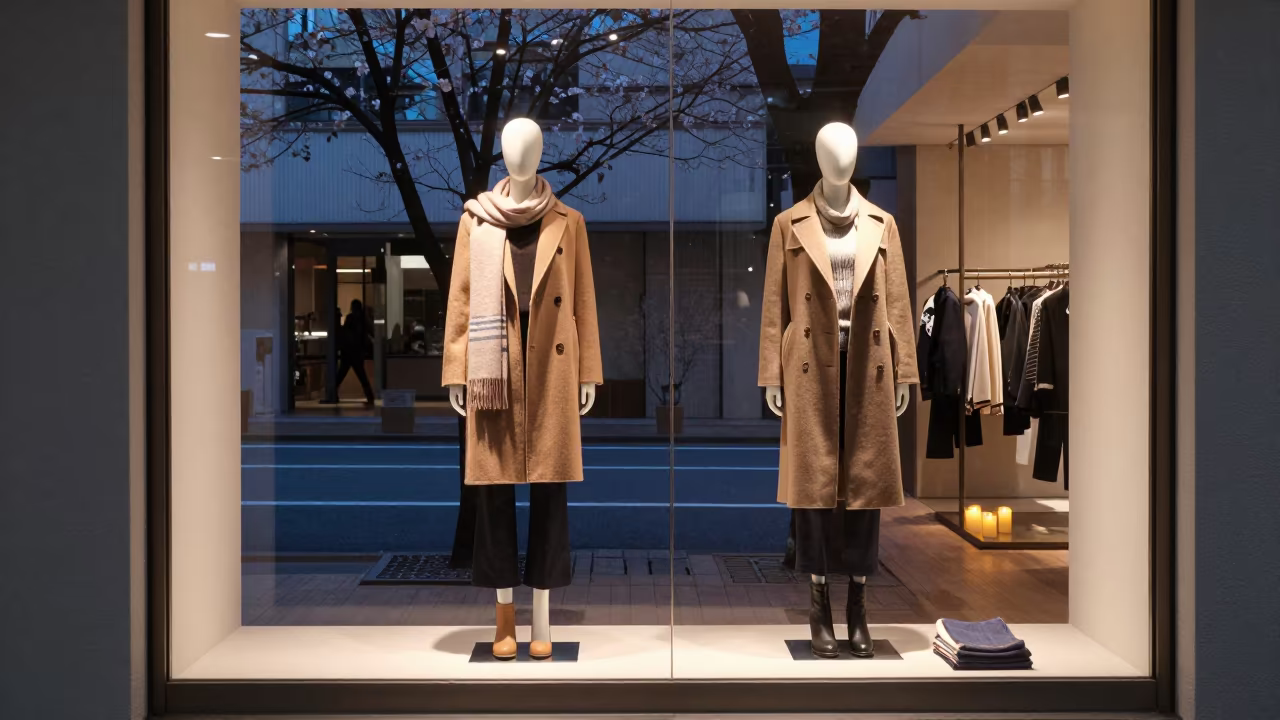 Tailored Coats and Boots Under Candlelight in Tokyo Retail in inside a retail floor display area near Tokyo