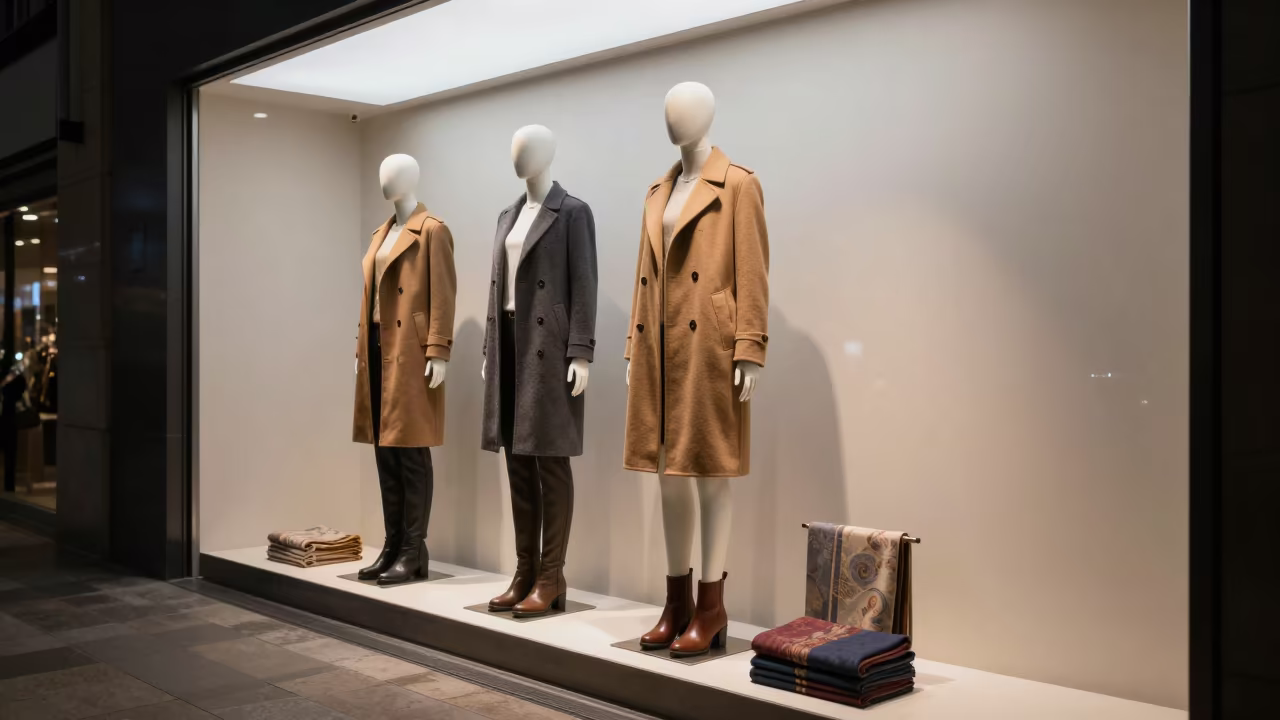 Tailored Coats Boots Scarves Retail Display in inside a retail floor display area near Kollam