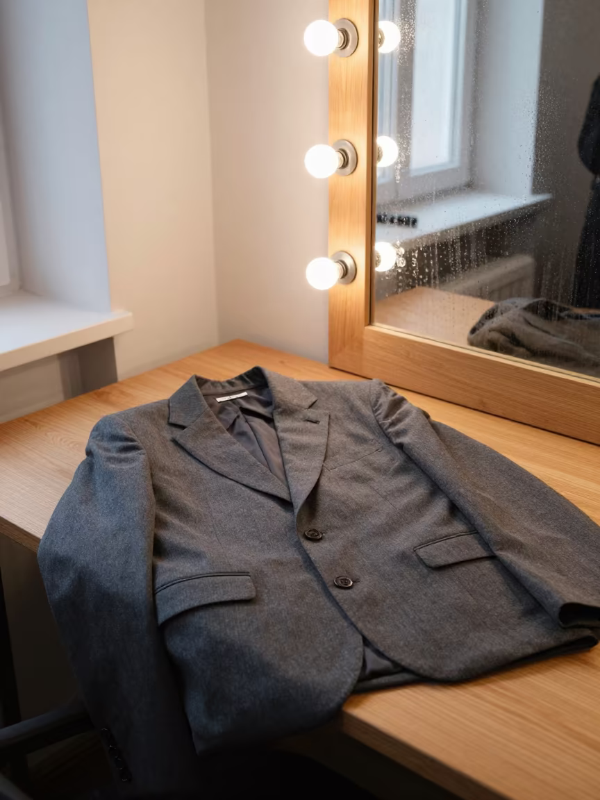 Tailored Suit on Table in Belgrade Backstage in beside a mirror lined with makeup bulbs in Belgrade