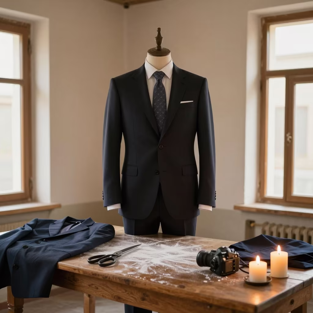 Tailored Suits Under Candlelight in Herat in at a tailoring table strewn with chalk and shears in Herat