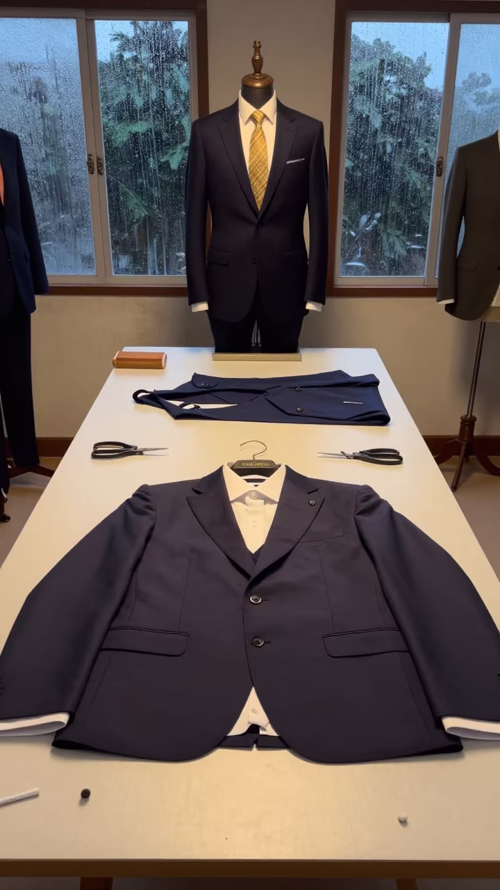 Tailored Suits on Table in Cox's Bazar Studio in at a tailoring table strewn with chalk and shears in Cox's Bazar