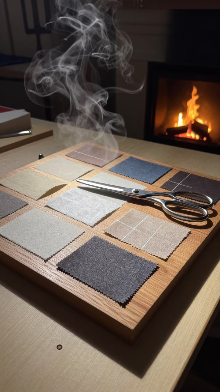 Tailoring Board in Budapest Night Atelier in at a tailoring table strewn with chalk and shears in Budapest